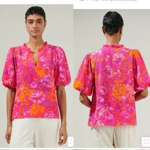 Sugarlips Flirty Floral Split Neck Blouse Top Womens Size Medium Orange Pink NEW